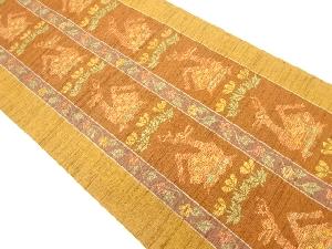 手織り紬縞に有栖川・草花模様織出し袋帯